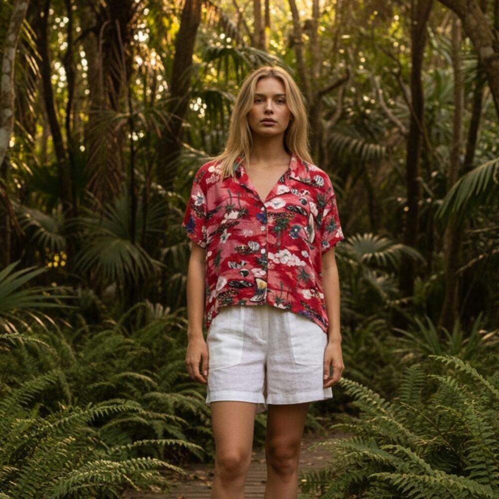 Vintage Bonkers Womens Hawaiian Short Sleeve Button Front Top Red Size Large